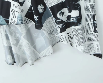 YENKYE New Women Newspaper Letter Print Irregular Hem Sling Dresses Fashion Backless Thin Straps With Chain Summer Sexy Dress