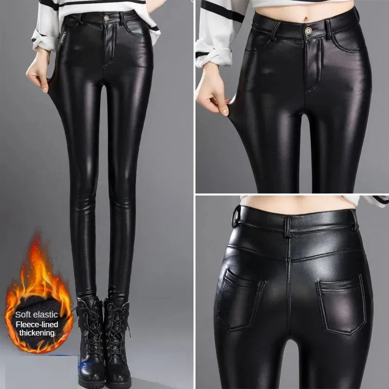 Cashmere PU Leather Pants Women's Autumn/Winter 2026 Thickened and Fleece High-Waisted Slim Fit Tight Warm Pants Leggings Black