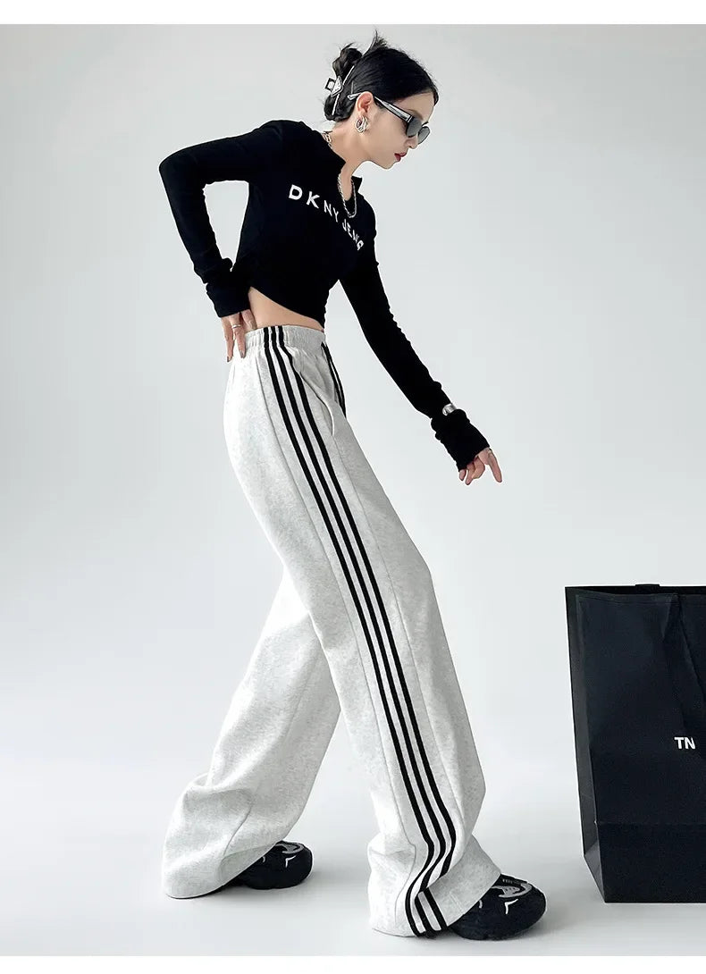 Black Striped Sports Pants Women's Spring Autumn Wide Leg Casual Loose High Waist Straight Leg Sweatpants