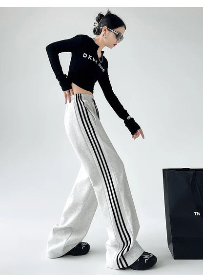 Black Striped Sports Pants Women's Spring Autumn Wide Leg Casual Loose High Waist Straight Leg Sweatpants