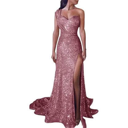 2025 Women's Wedding Party Dress Evening Elegant Sexy Deep V Neck One Shoulder Sleeveless Sequined Long Maxi Dresses For Women