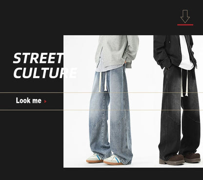 2025 Hip-hop Baggy Denim season elastic waist New Korean Men's Jeans American Loose Fit Wide-leg Straight Casual Trousers Street
