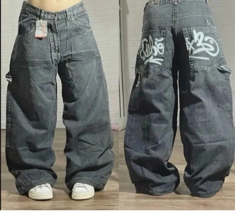 American New Fashion Oversized Letter Printing Black Washed Jeans Ladies Y2K Popular Casual Joker Loose Wide-leg Mop Pants