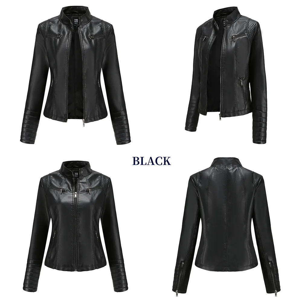 Women's Slim Leather Jacket, Stand-up Collar, Zipper Stitching, Monochromatic Coat, Fashion Clothing, New