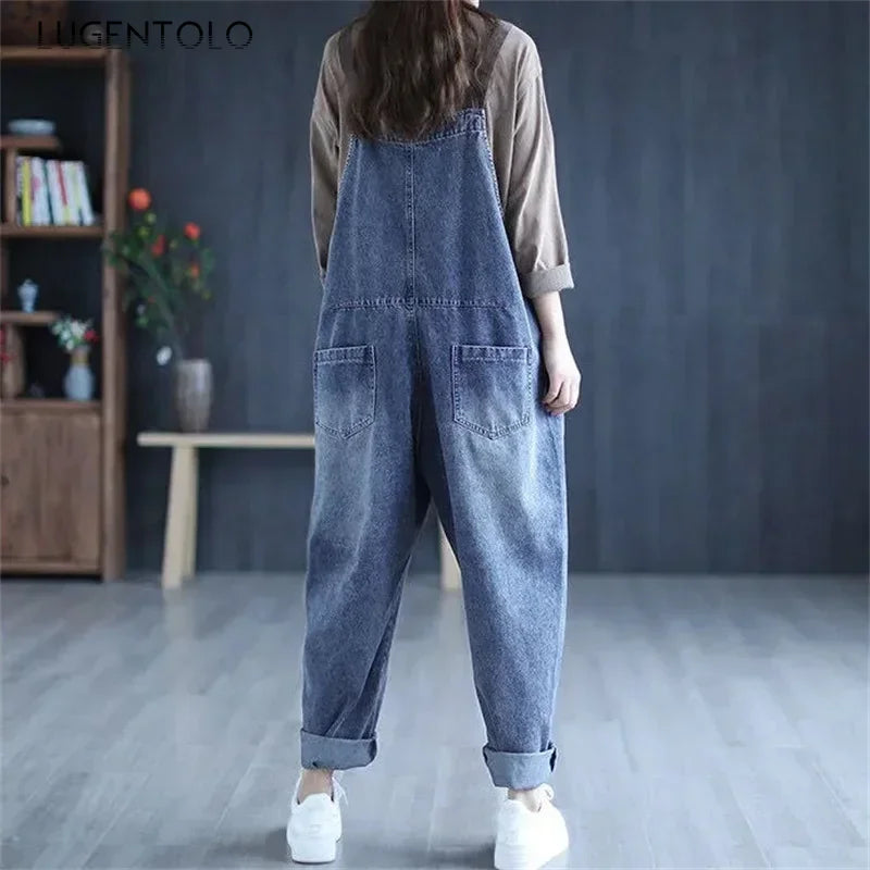 Jumpsuit Women Jeans Rompers New Retro Big Pocket Loose Denim Overalls Fashion Casual Wide-leg Pants Jumpsuits Cloth