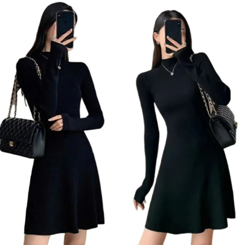 Women's Knitted A- Line Mini Dress Hepburn Little Black Dress Autumn Winter Inner Wear Slimming Base Layer Skirt For Coat