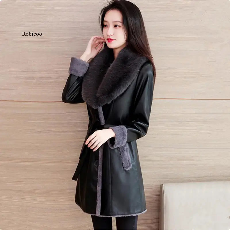 Winter Leather Jacket Women's Fashion Fur Collar Black Casual Warm Coat Female Quality PU Leather Overcoat Ladies