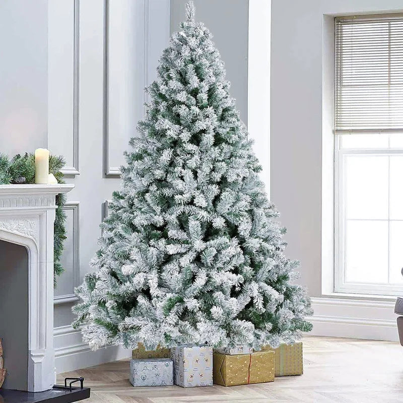 Christmas tree with white flocking, realistic snowfall effect, Christmas tree made of pine wood