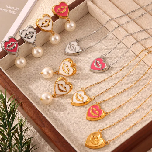 ins Unique Personality Sexy Jewelry Weighted Color Glaze Heart Lip Pendant Titanium Steel Jewelry Set for Women