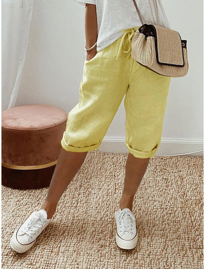 Women Cotton Linen Harem Knee Length Pants Summer High Elastic Drawstring Pocket Solid Color Shorts LRFZ-911