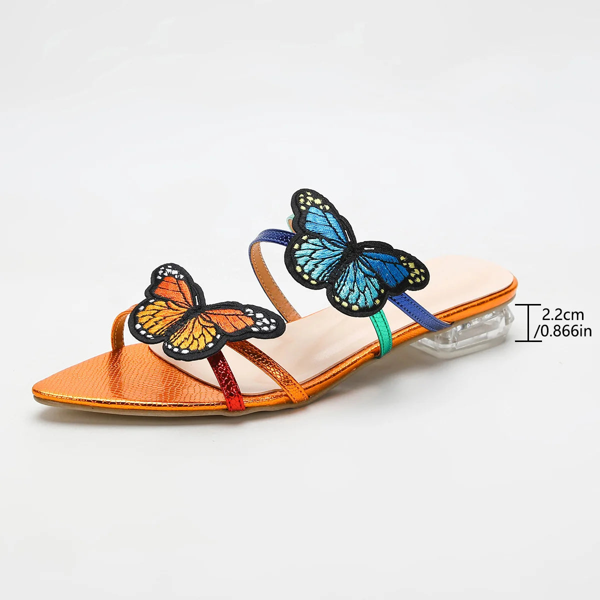 Women's flat slippers transparent heel sandals butterfly decoration one-strap slippers fashionable low heel sandals for women