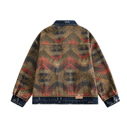 MWJLPWQ Trendy Jacquard Design Male Denim Jacket American Street Style Lapel Personalized Washed Tops 2025 Autumn New 20993
