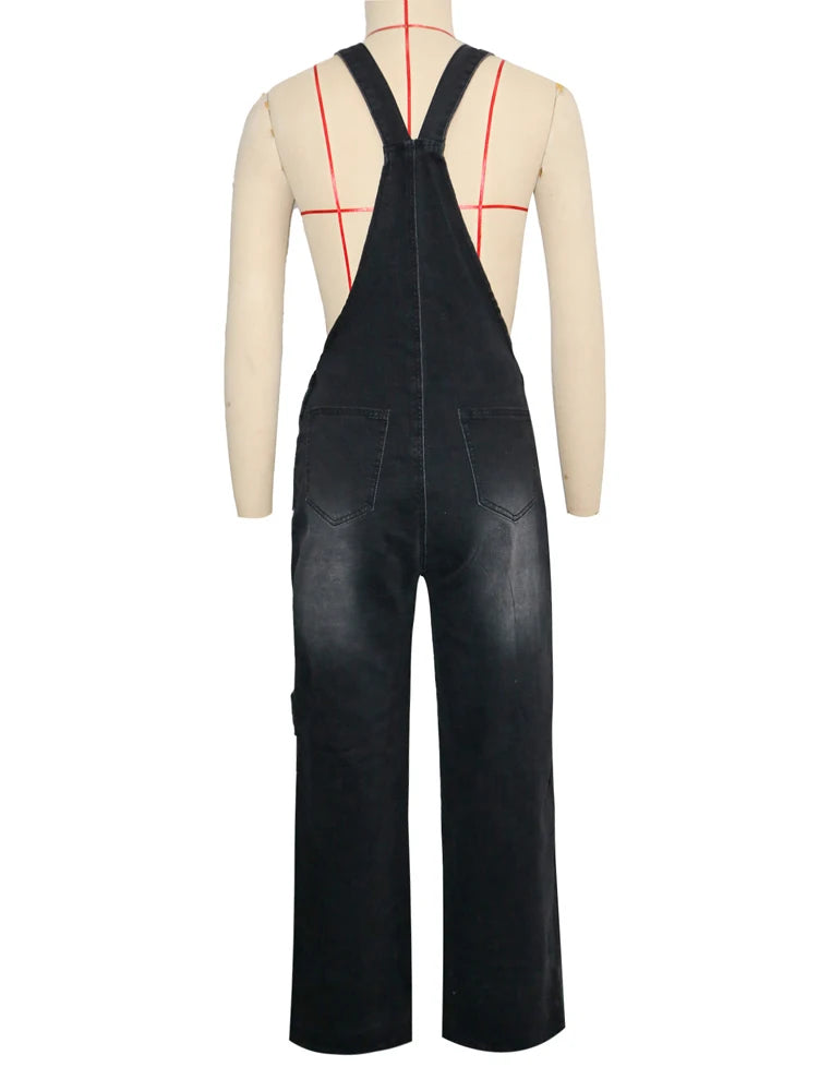 Summer Fashion Loose High Waisted Zip Denim Overalls Women Clothes Multi Pockets Cargo Jeans Trousers Casual Wide Leg Jumpsuits