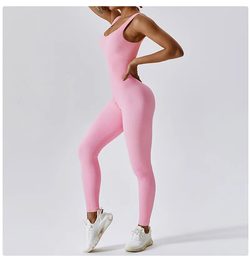 Yoga Jumpsuit Women's Yoga Set One-piece Sports Romper With Chest Pad Fitness Bodysuit Gym Seamless Ribbed Workout Sportswear