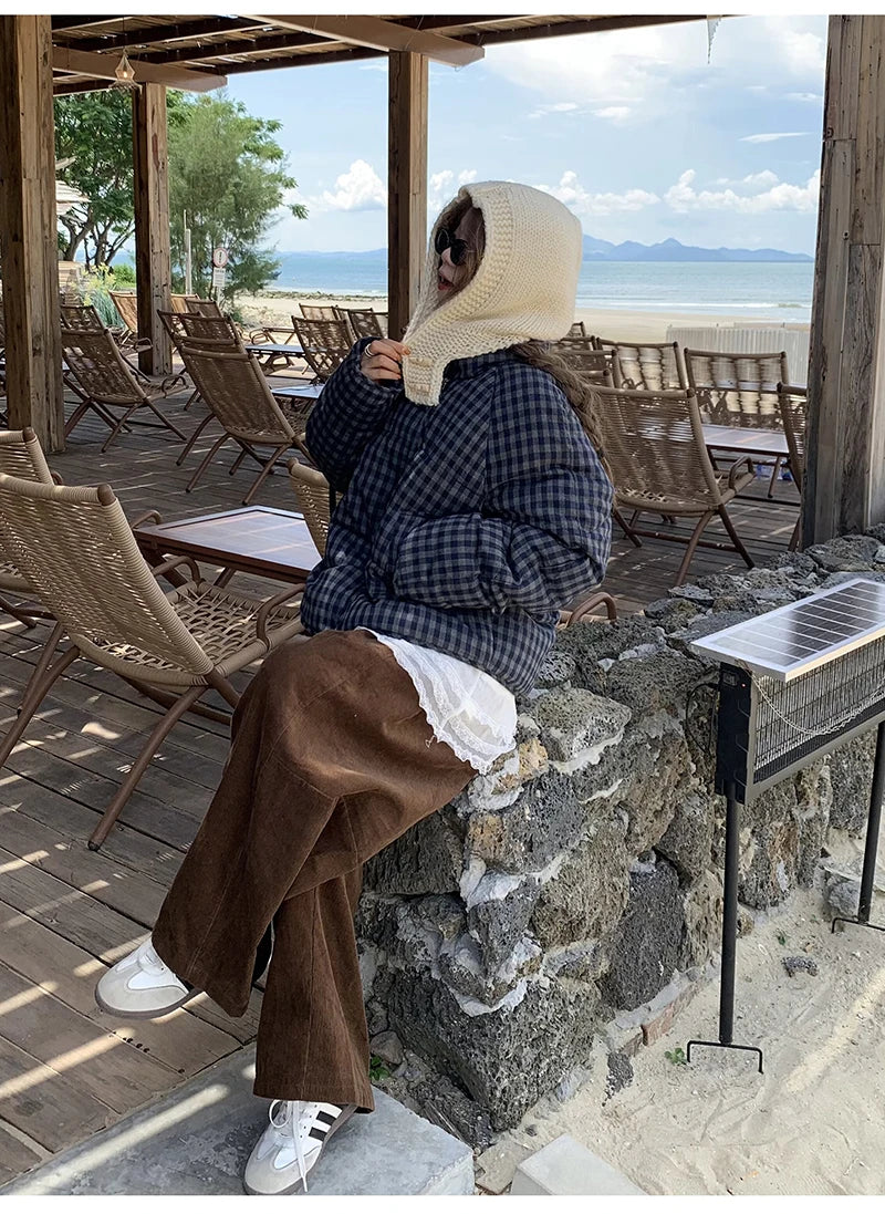 MEXZT Short Plaid Parkas Women Streetwear Stand Collar Puffer Jacket Winter Korean Down Coats Fashion Cotton Padded Outerwears