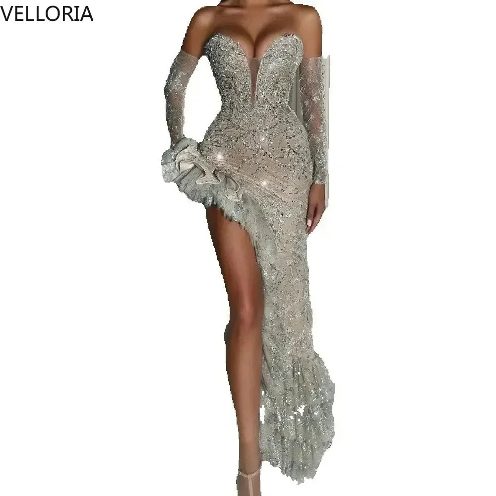 Sparkly Silver Champagne Evening Dress Corset Bodice Ruffled Slit Beaded Mermaid Formal Gowns Wedding Reception Vestidos Custom