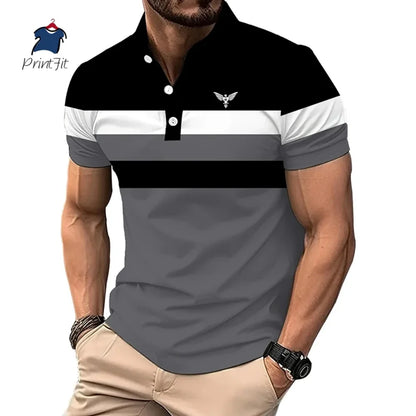 New Summer Striped Patchwork Striped Men's Polo T-shirt Fashion Lapel Button Sports Trend Street Wear Short Sleeve Top Men Shirt
