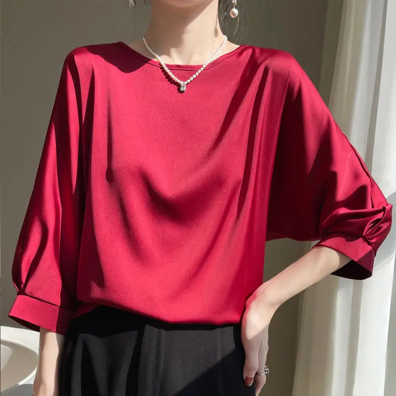 New In Summer Satin Silk Half-Sleeve Tee Tops Basic Solid Women‘s T-Shirt Casual O-neck Thin Shirts Ladies Loose Blouses