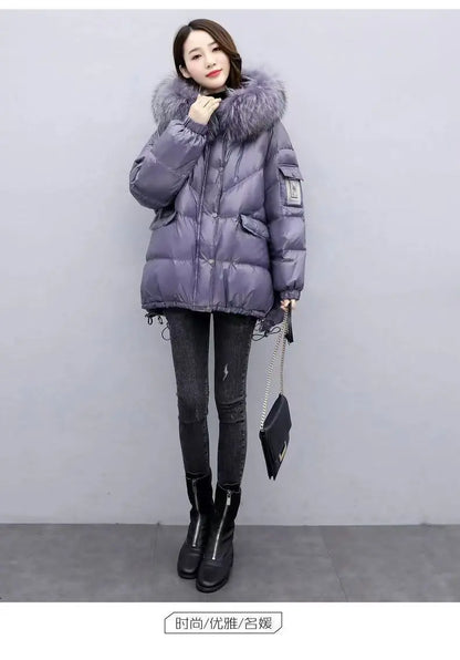 2025 Winter New Warm Down Cotton Jacket With Large Fur collar Hooded Coat Loose Women Thicken Parker Puffer Overcoat Casual wear