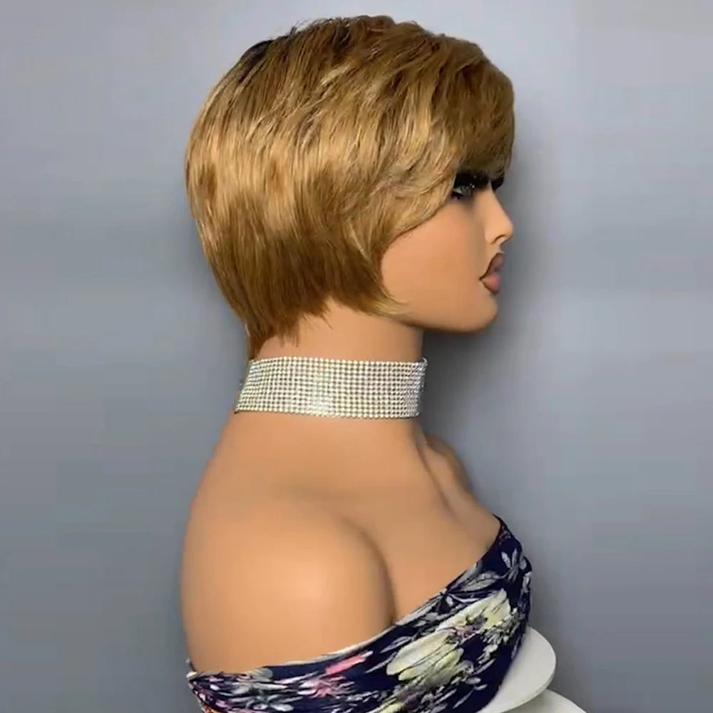 Short Pixie Cut Human Hair Wigs Brazilian Human Hair Wigs Full Machine Made Short Straight Wigs For Women T2/27B# None Lace Wigs