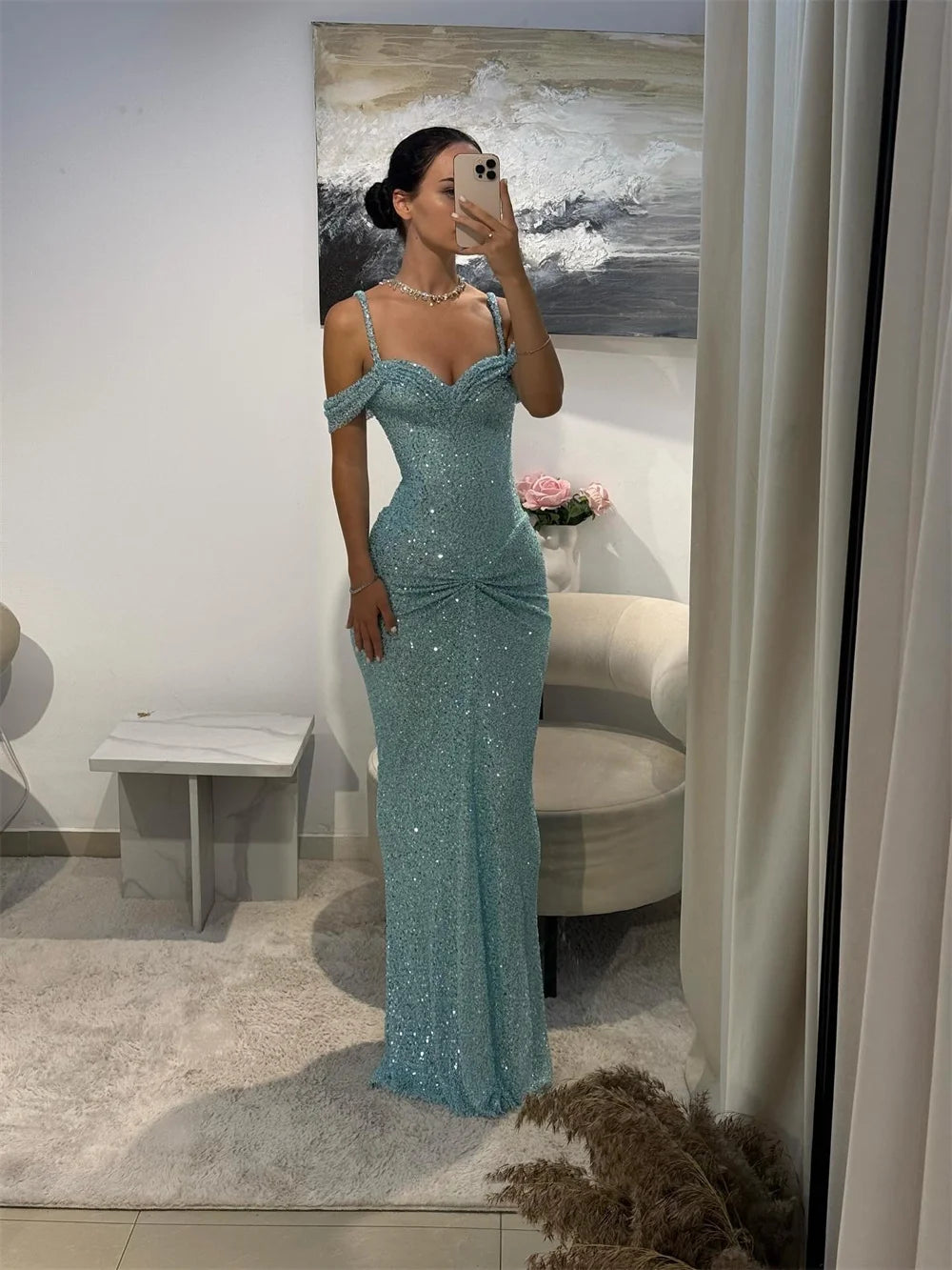 Amanda Customized  Shiny Blue Sheath Sleeveless Prom Dress Off The Shoulder Pleats vestidos de noche Floor-Length Formal Evening