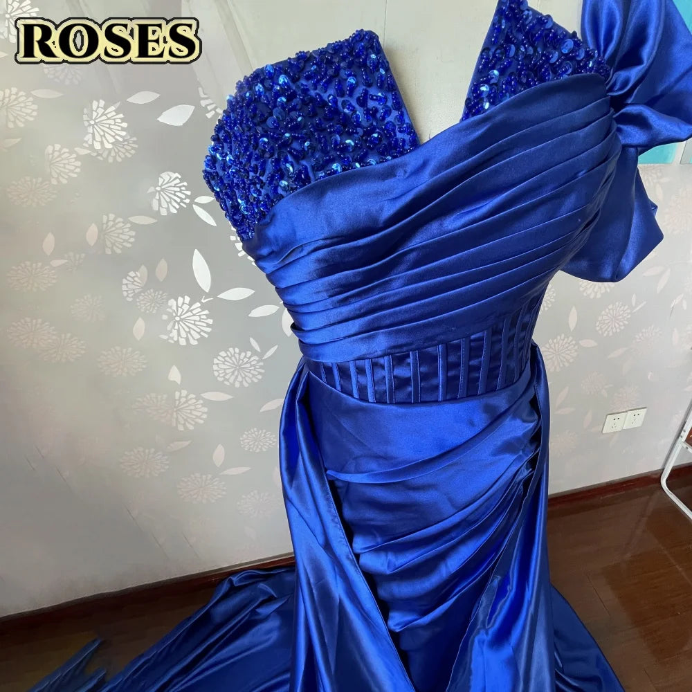 ROSES Red Side High Split Mermaid Evening Dresses One Shoulder Prom Dresses Sweetheart Stain Formal Occasion Dress Customized