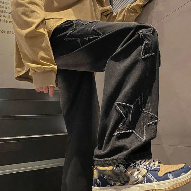 Xpqbb Y2K Vintage Streetwear Jeans Women Harajuku Star Aesthetic Wide Leg Denim Trousers High Waist Unisex Couple Straight Pants