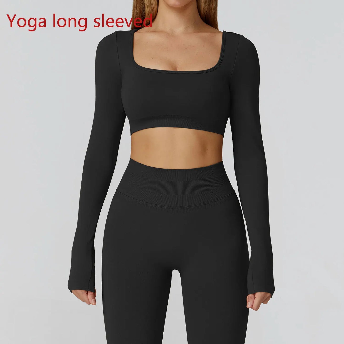 Seamless Casual Quick Dry Sportswear Women Square Neck Gym Top Women Fitness Sports Crop Top Female Long Sleeve Yoga Clothing
