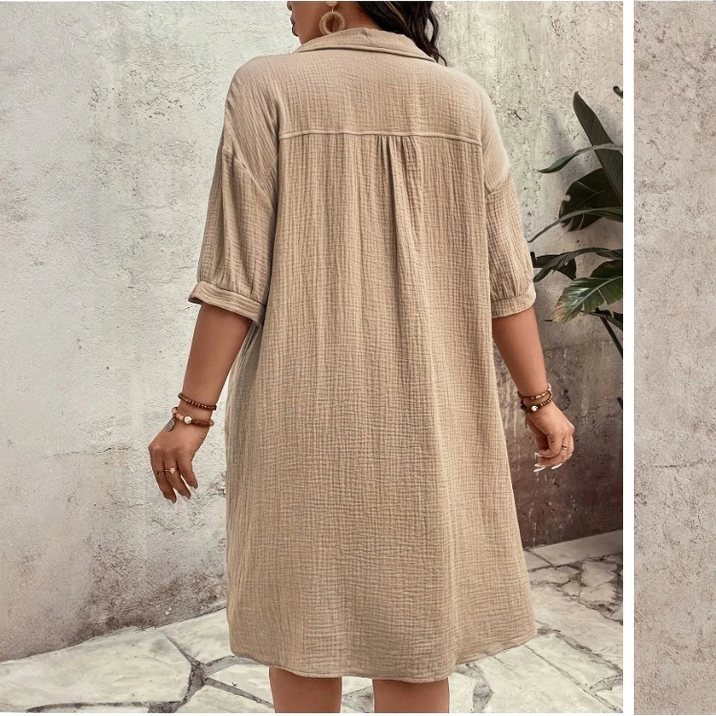 New Women'S Fashion Casual Solid Color Buttoned Mid-Length Short Sleeve Loose Dress Vestidos Para Mujer Ropa De Mujer 신상원피스