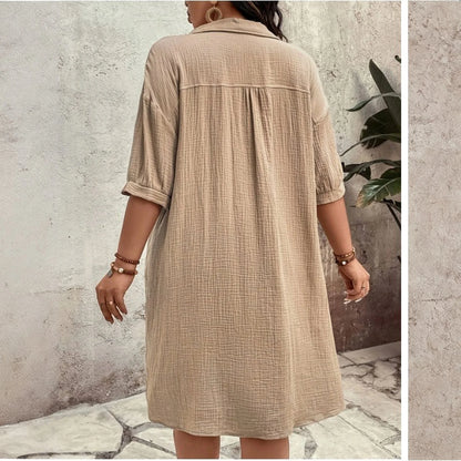 New Women'S Fashion Casual Solid Color Buttoned Mid-Length Short Sleeve Loose Dress Vestidos Para Mujer Ropa De Mujer 신상원피스