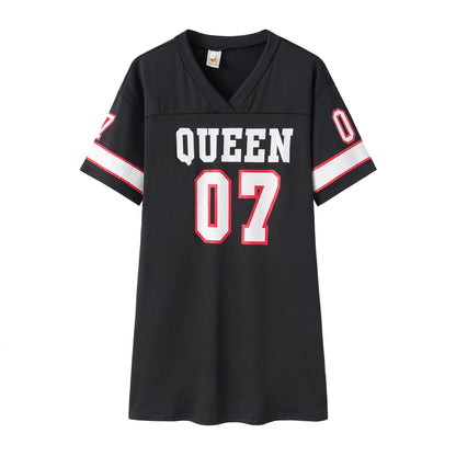 Fashion V-Neck Queen Letters Print Dress Short Sleeve Basketball Sporty Style Sexy Loose Female Clothing Streetwear Loungewear