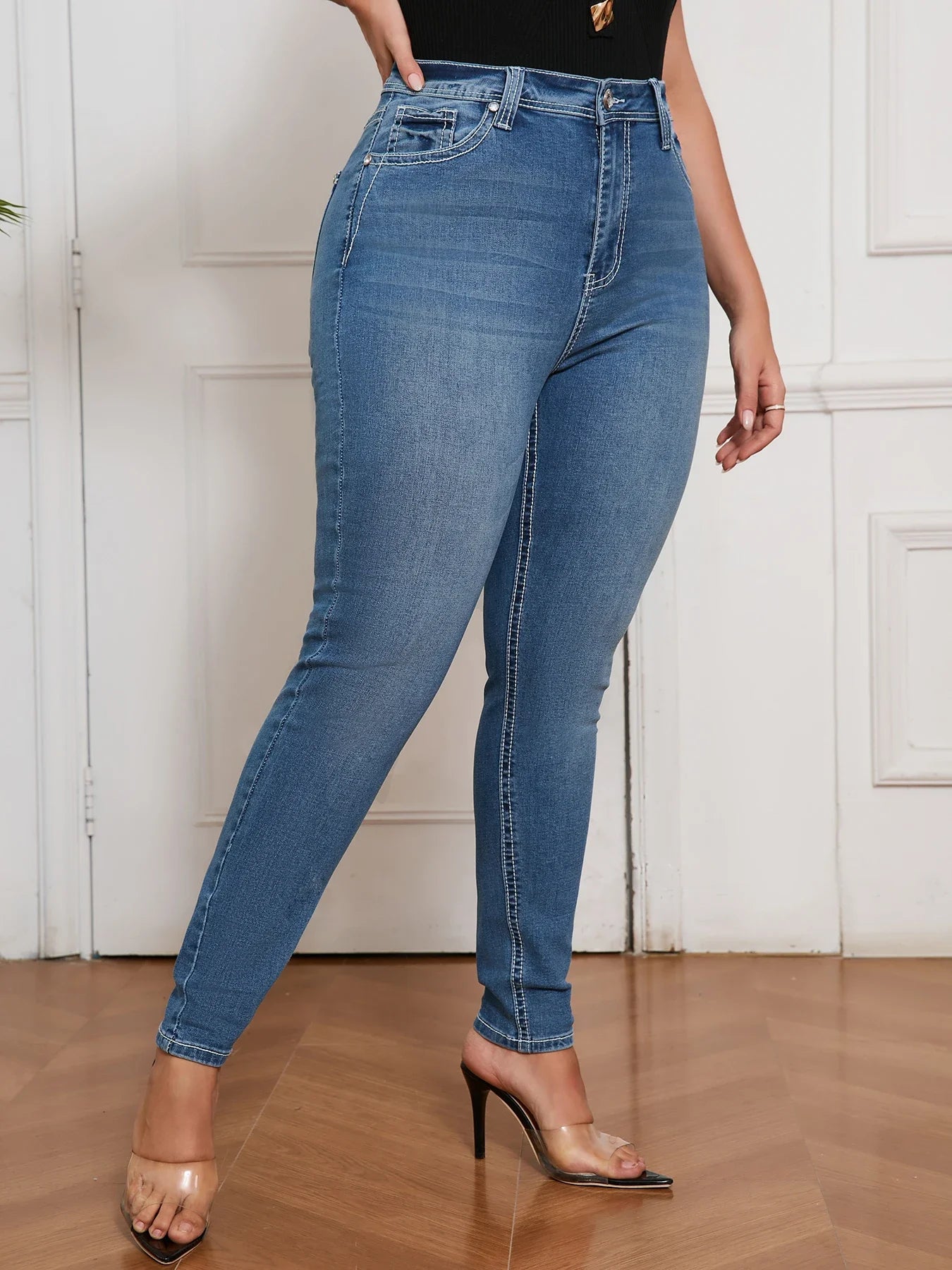 Plus Size High Waisted Skinny Jeans for Women Stretch Slim Fit Denim Pants Curvy Tummy Control Casual Wear Ladies Jeans