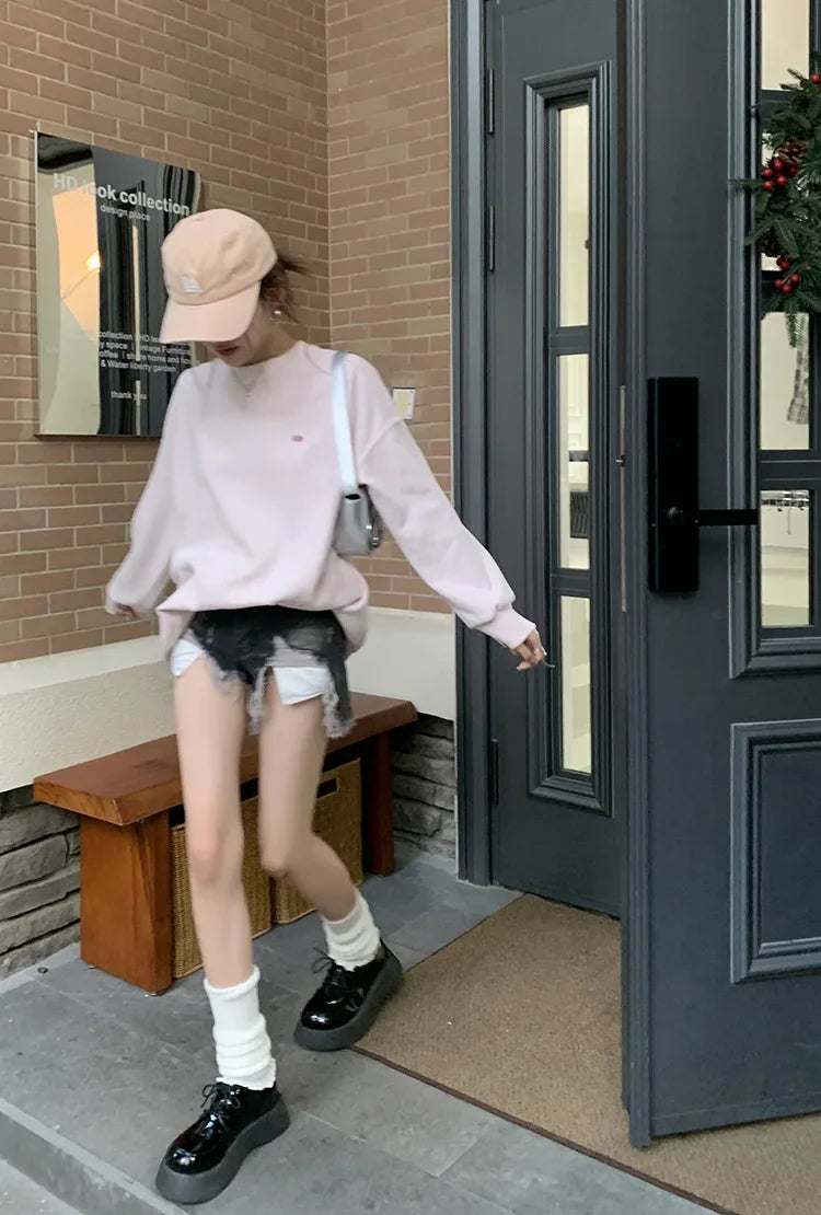 Light Pink Lettered Oversized Shoulder Sweatshirt Women's Full Sleeve round Neck Spring Autumn New Style Comfortable Casual Top