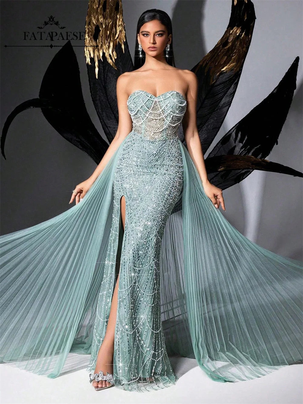 FATAPAESE Glamour Sequin Pearls Luxury Evening Dresses Sexy Tulle Train Party Dress for Wedding Charity Prom Award Ceremony