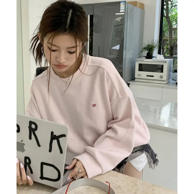 Light Pink Lettered Oversized Shoulder Sweatshirt Women's Full Sleeve round Neck Spring Autumn New Style Comfortable Casual Top