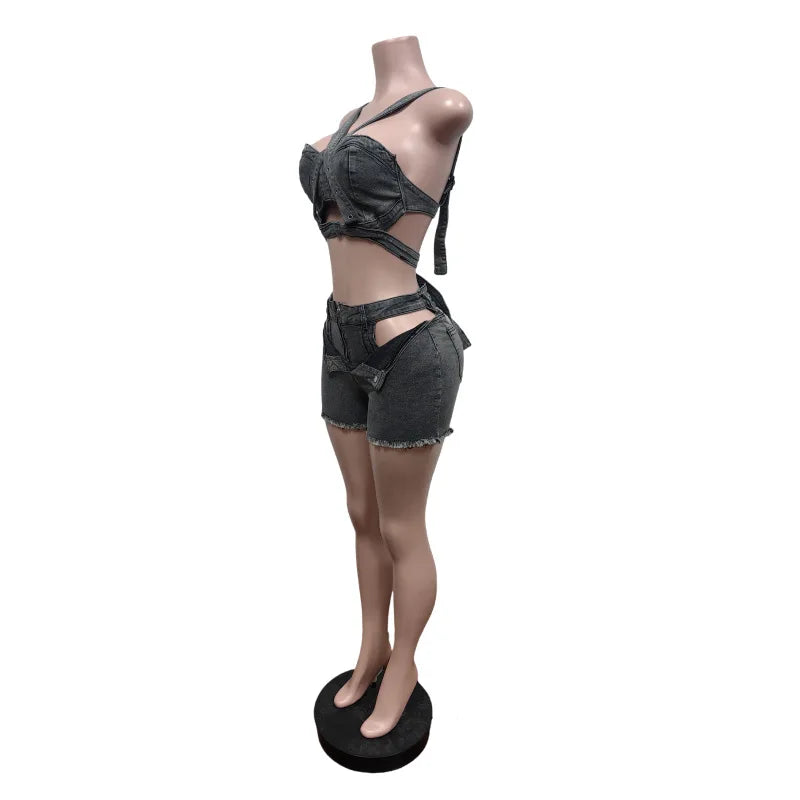 2 Piece Sets Women Denim Shorts Suit Sexy Vest Top Strap Backless Jeans Short Pants Pockets Outfits 2025/2026 Streetwear Ensemble