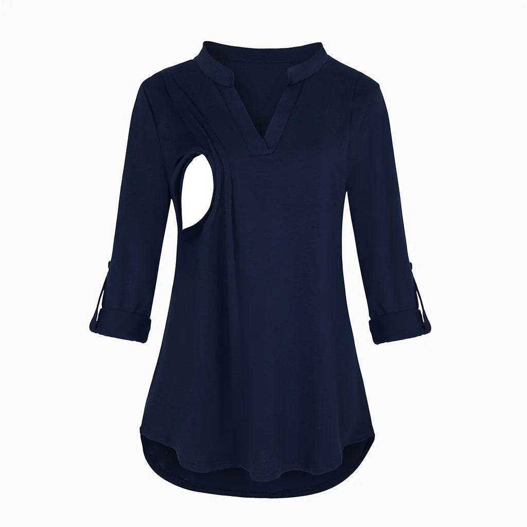 Women's Maternity Breastfeeding T-shirt V-Neck Solid Color Long Sleeve Nursing Tops Clothes for Pregnant Women