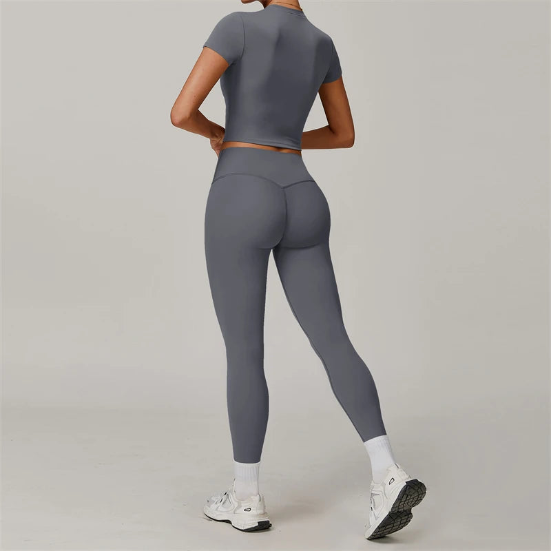 2 Pieces Women Yoga Set Workout Sportswear Gym Clothing Fitness Short Sleeve Crop Top High Waist Leggings Sport Suits