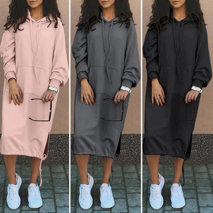 2023 Autumn and Winter Fashion New Women's Sweater Robe Large Hooded Elegant Pocket Split Warm Hoodie Long Dress