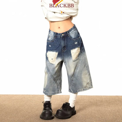 Deeptown Y2k Vintage Harajuku Denim Shorts Women Washed Letter Embroidery Tassels American Retro Jeans Man Baggy Hip Hop Jorts