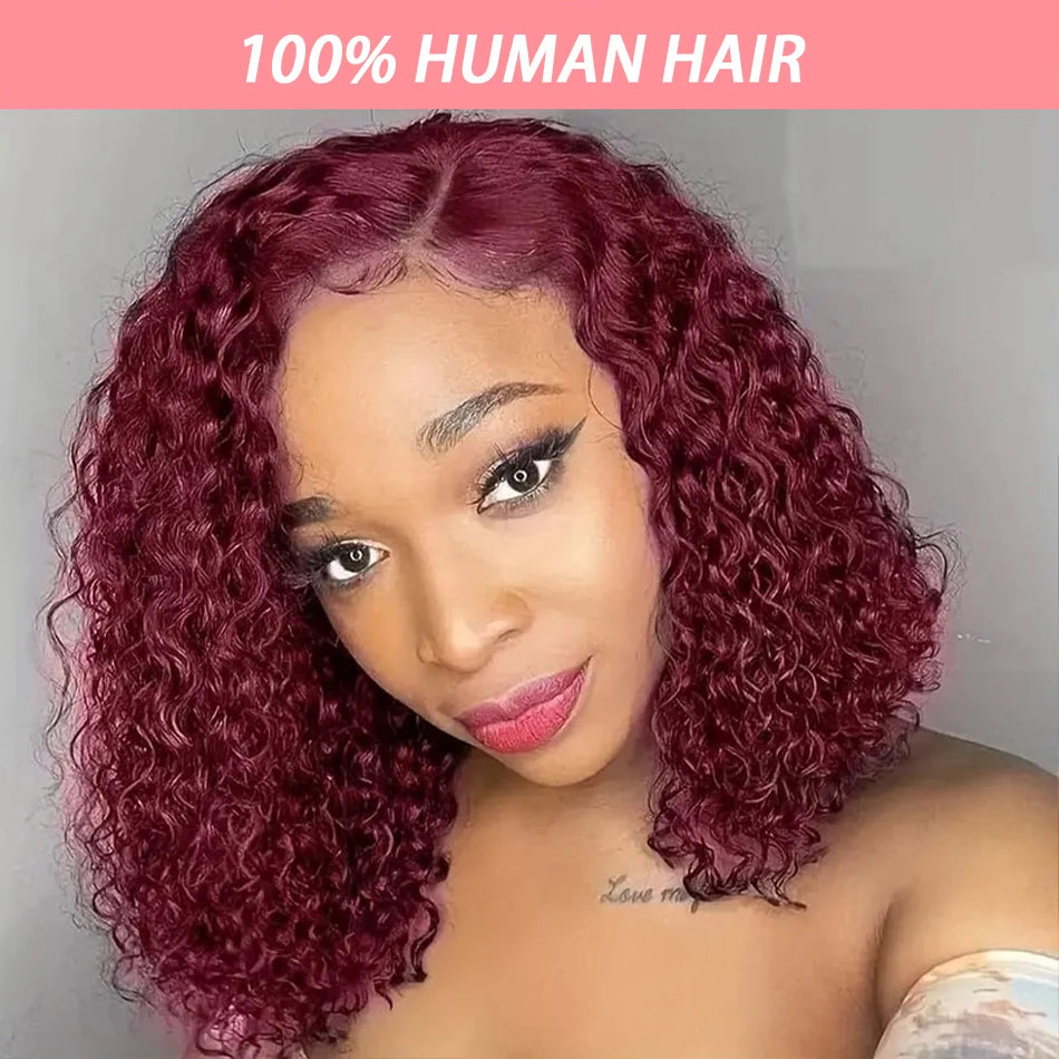 99J Colored Curly Deep Water Wave 13x4 Lace Front Wigs Preplucked Burgundy Red Short Cut Bob Frontal Wig 100% Human Hair 14 Inch