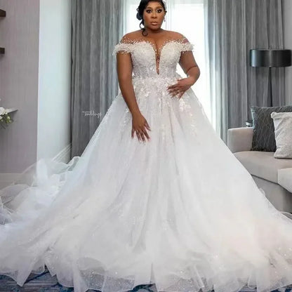 Customized Wedding Dress For Bride 2025 Sheer Neck Lace Up Back Major Beading Sequins Pearls Plus Size Women Africa Bridal Gowns
