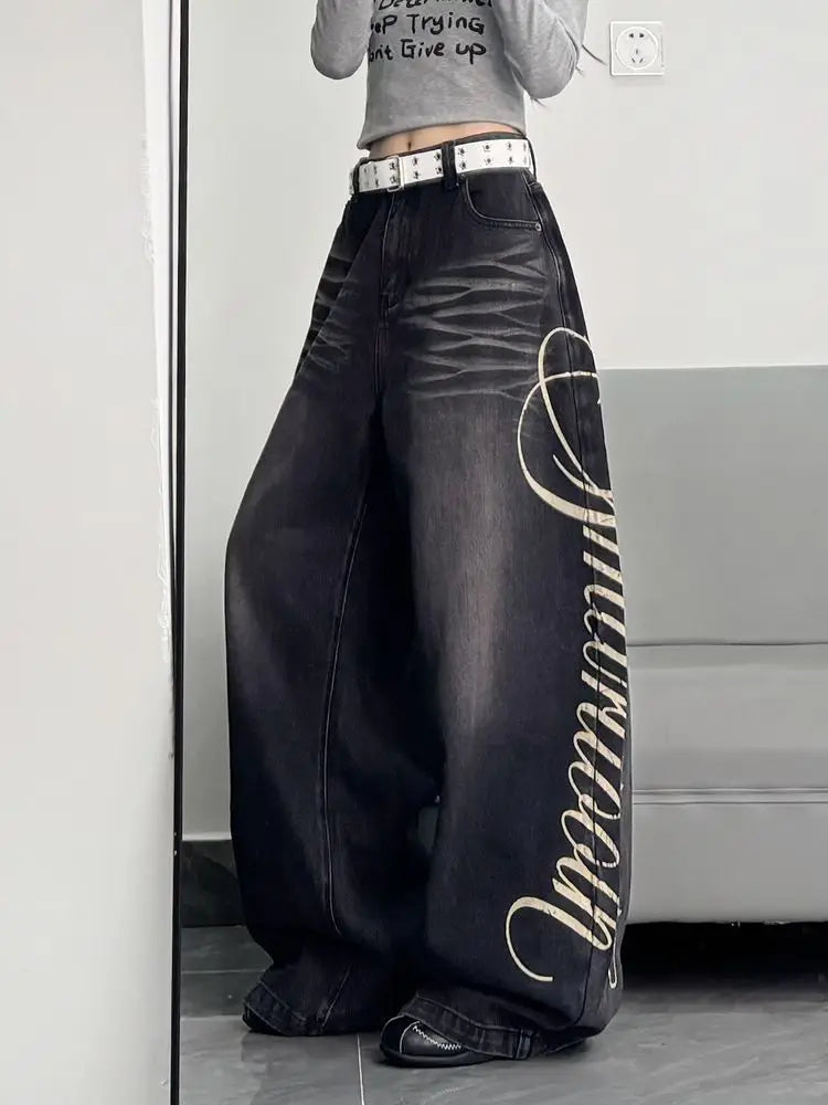 American New Fashion Oversized Letter Printing Black Washed Jeans Ladies Y2K Popular Casual Joker Loose Wide-leg Mop Pants
