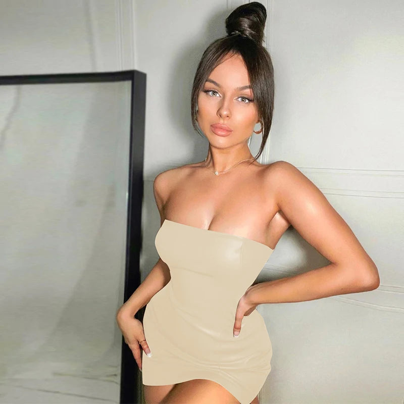 Hugcitar Pu Faux Leather Tube Mini Dress For Women Bodycon Sexy Streetwear Party Club Y2K Clothing Outfits Festival