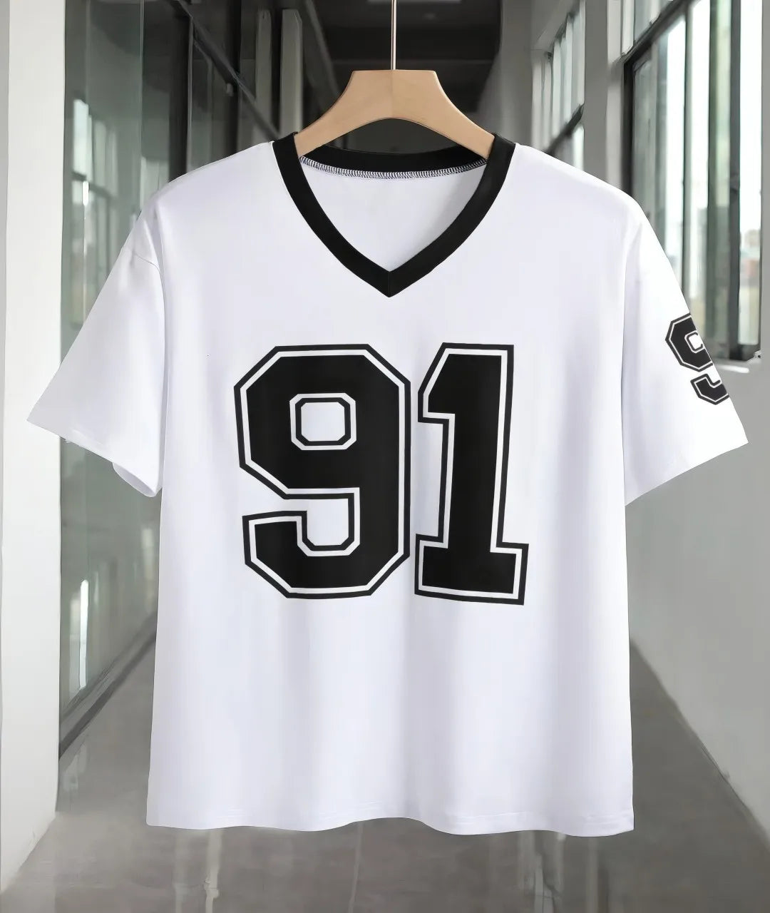 The 2025 summer new V-neck T-shirt with 91 print digital jersey is breathable lightweight and casual for sports