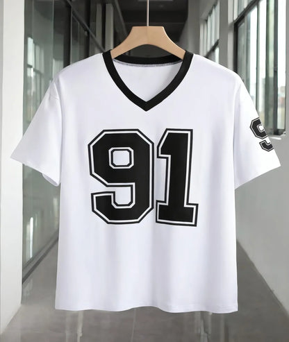 The 2025 summer new V-neck T-shirt with 91 print digital jersey is breathable lightweight and casual for sports