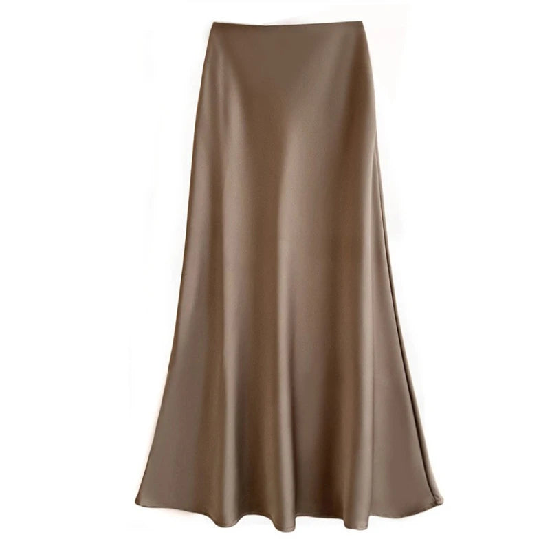 Women's Spring Autumn Satin Skirt - High-Waisted Flowy Bodycon Fishtail A-Line Midi Skirt