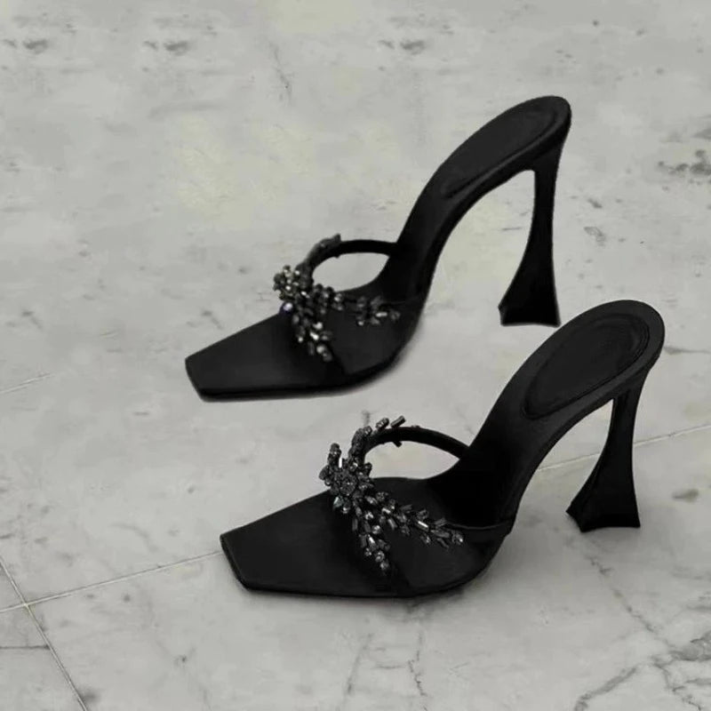 2025 NEW High Quality Luxury Heels Women's Sandals Designer Shoes Rhinestone Square Toe Open Toe Slides Женская Обувь