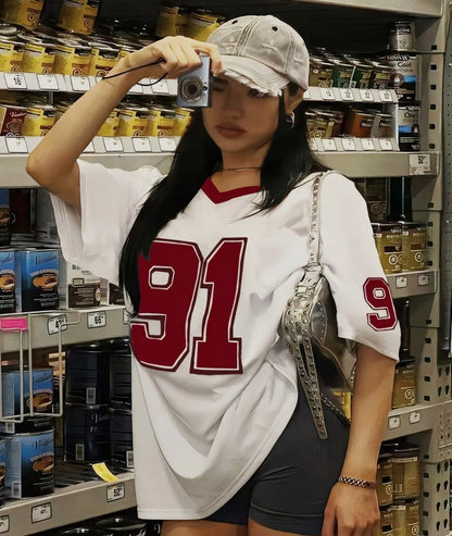 The 2025 summer new V-neck T-shirt with 91 print digital jersey is breathable lightweight and casual for sports