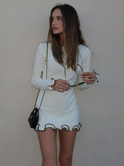 Dulzura O-Neck Long Sleeves Ruffles Patchwork Bodycon Mini Dress Sexy Elegant Outfit Party Club Streetwear Autumn Winter Clothes